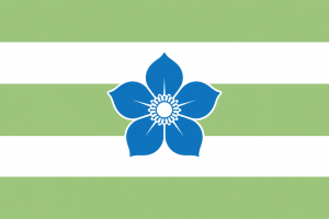 绿色代表美丽的大地，白色代表美丽的云朵，坐落在蓝色的绣球花海中。